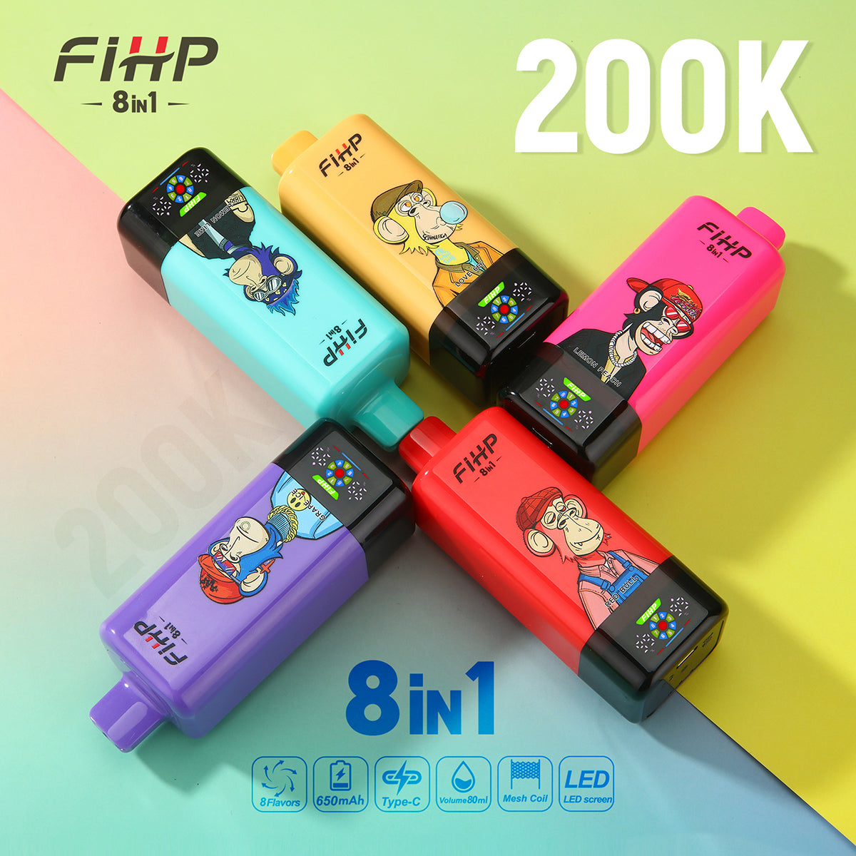 ✨ Jednorazová elektronická cigareta FIHP200K, 8 v 1 s viacerými príchuťami (stačí na 200 000 potiahnutí)